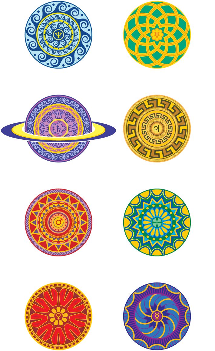 six colorful circles with different designs on them