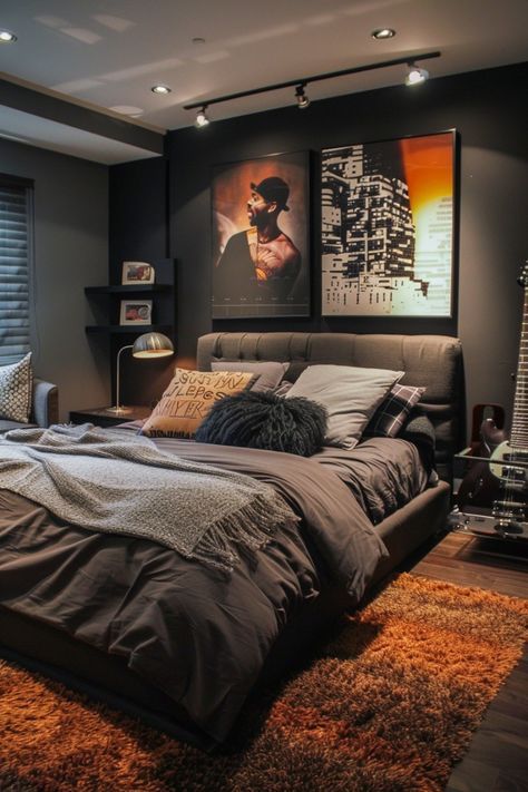 a bedroom with a large bed and pictures on the wall