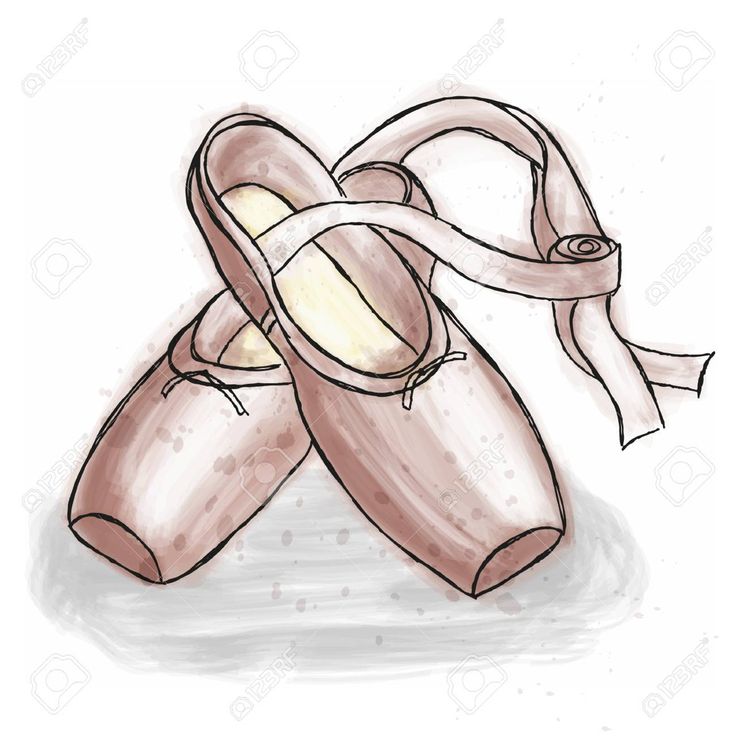 pair of ballet shoes with ribbon tied around the toe, on white background eps 8x8