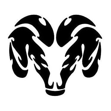 the ram logo is shown in black on a white background, and it appears to be an animal with long horns