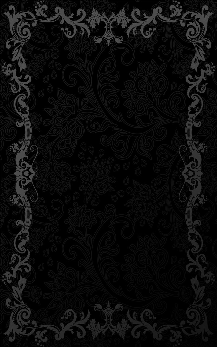 an ornate black background with white swirls and scrolls on the edges, as well as a