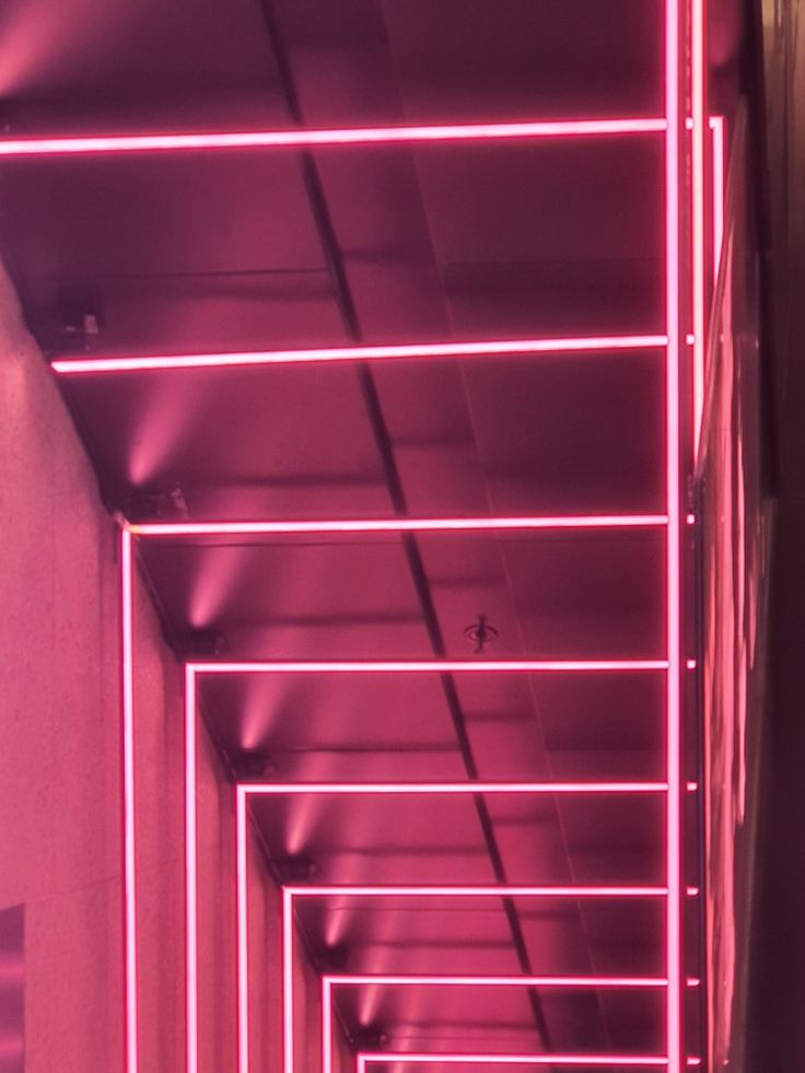 a row of pink neon lights hanging from the side of a building's ceiling