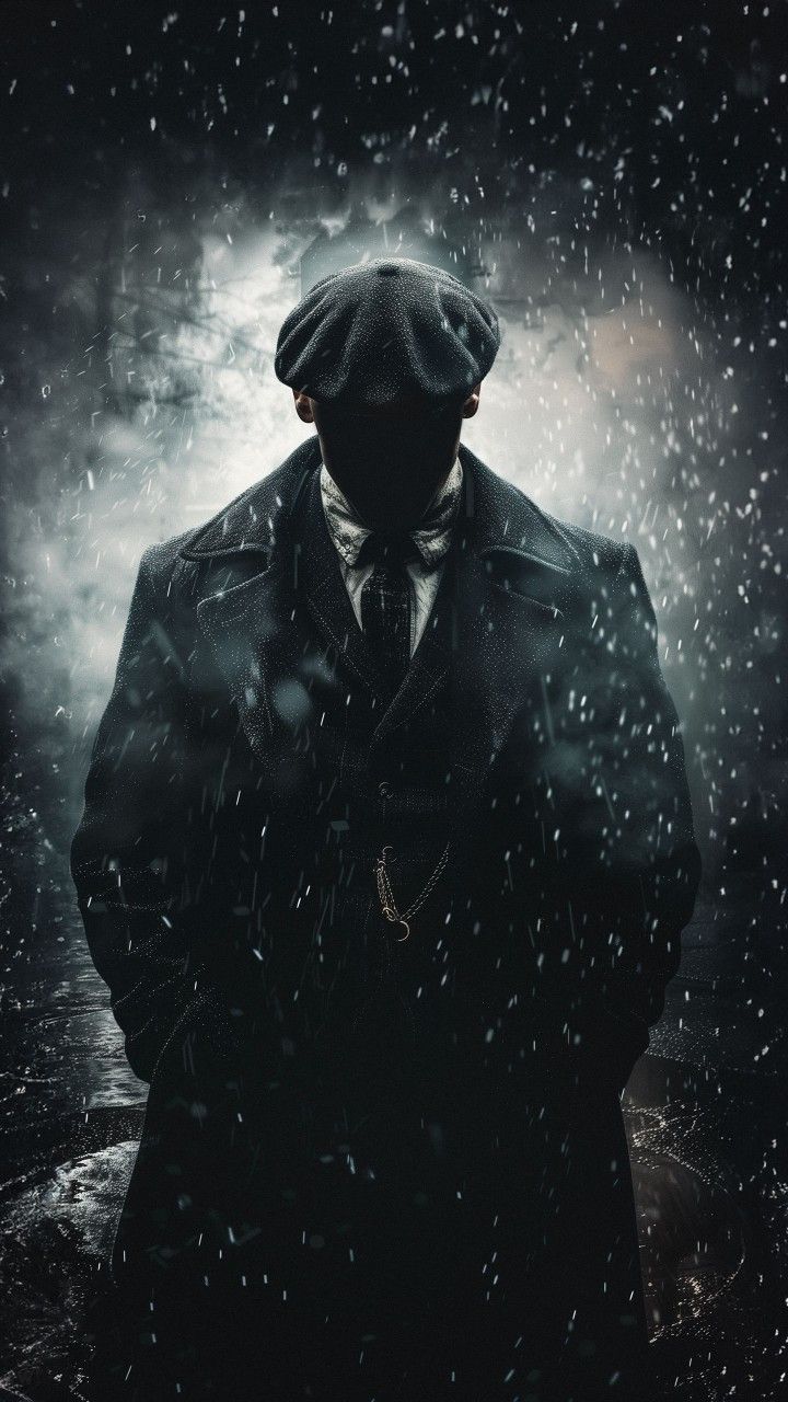 a man in a suit and hat standing in the snow