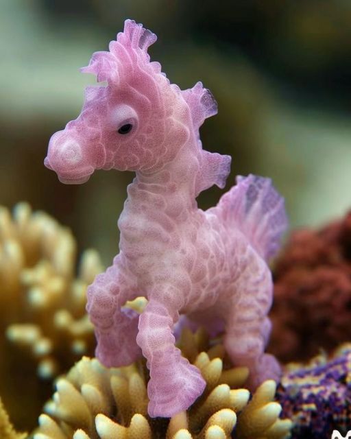 a pink sea horse is standing on some corals