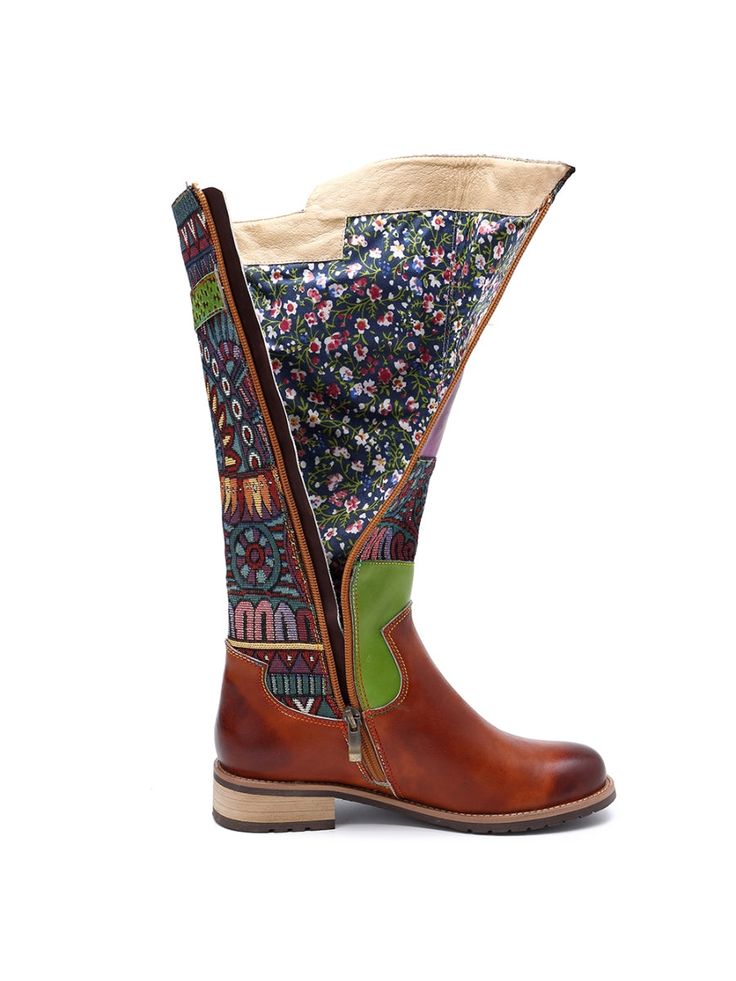 Introducing soffia band the epitome of luxury and exclusivity in footwear. These exquisite leather knee high boots are adorned with a stunning geometric print, elevating your style to new heights. Indulge in the premium leather material, providing unmatched comfort and durability. Make a statement with SOFFIA. 1'' heel 13.8'' shaft 15.5'' circumference Side zip closure Leather & Canvas upper Cotton Textile lining Leather insole Rubber sole Cow Hide Shoes, Handmade Leather Boots, Leather Knee Boots, Leather Knee High Boots, Cotton Textile, Knee High Leather Boots, Classic Boots, High Top Shoes, Mid Calf Boots