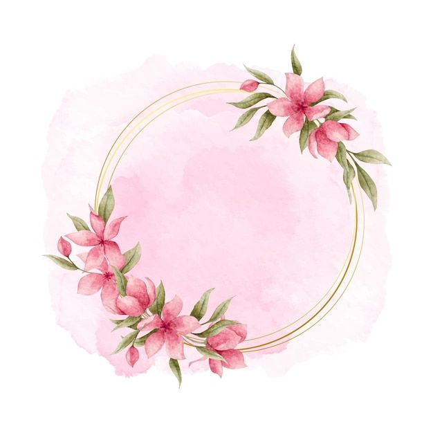 pink flowers with green leaves on a watercolor background in a round frame, hand drawn illustration