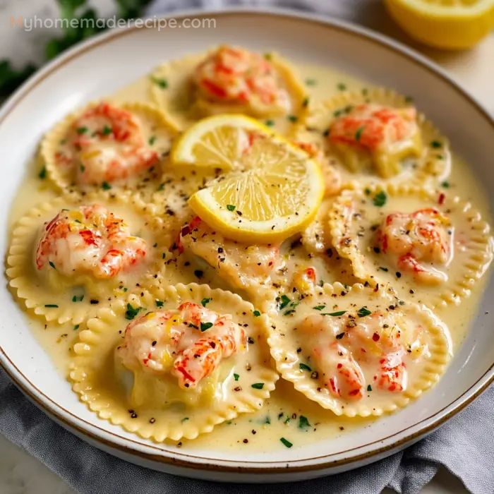 a white plate topped with pasta covered in shrimp and lemon wedges next to a slice of lemon