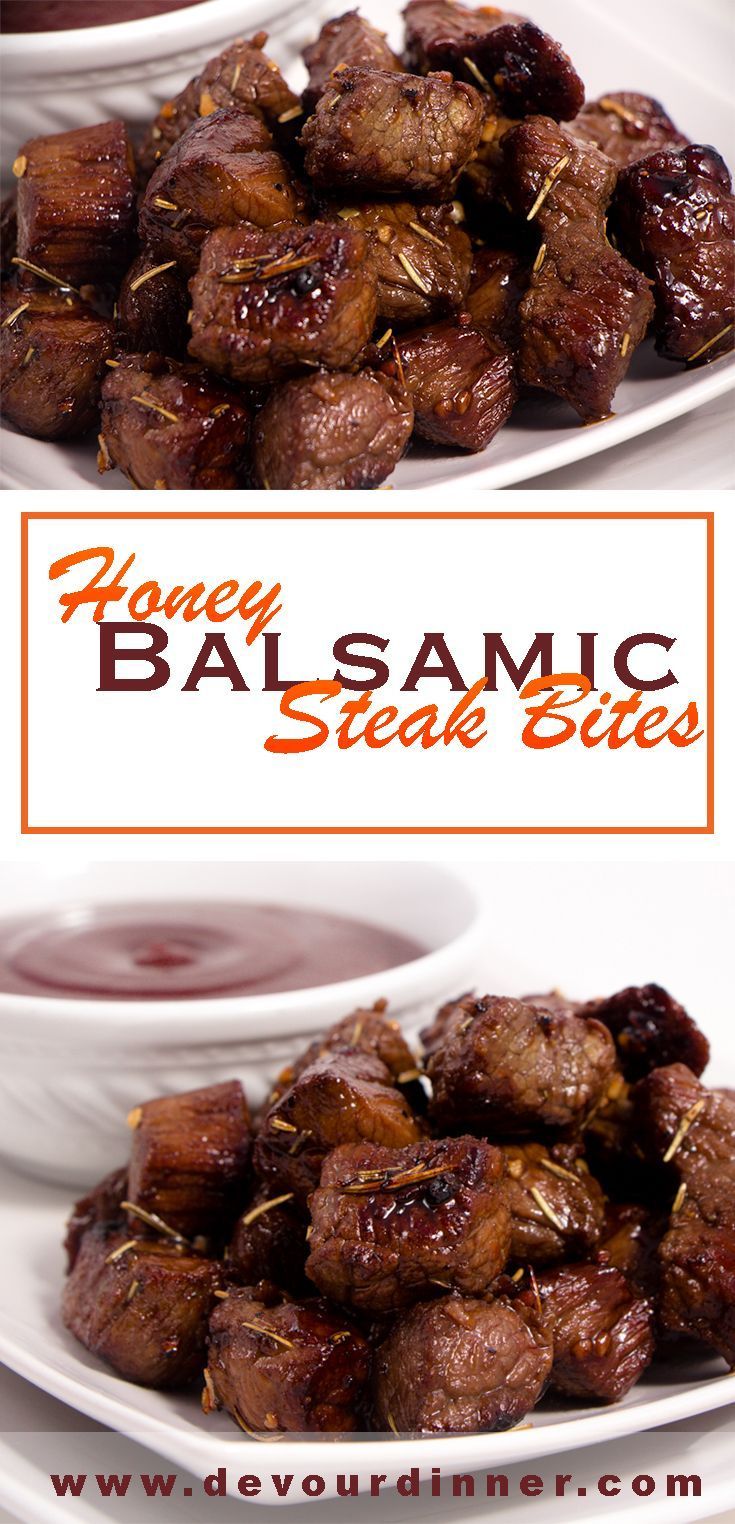 two plates filled with meat and sauce on top of each other in front of the words honey balsamic steak bites