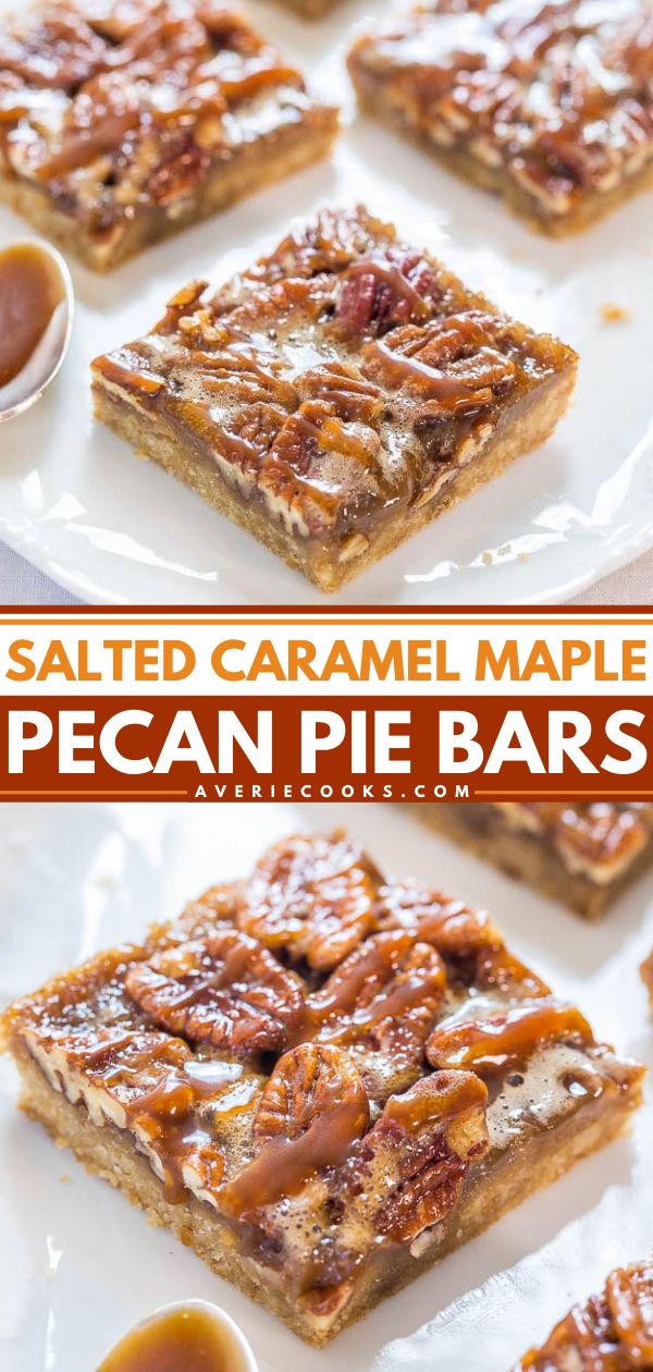 salted caramel maple pecan pie bars on a white plate with the title above it