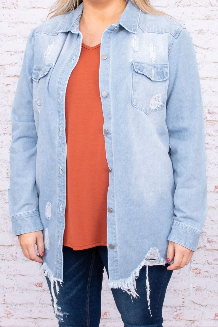 distressed, button up, top, collar, light blue, long sleeve, pockets Light Blue Button-up Denim Top For Fall, Light Wash Chambray Denim Top For Day Out, Light Wash Chambray Denim Top, Light Wash Button-up Top With Frayed Hem, Denim Blue Top With Frayed Hem For Day Out, Everyday Light Wash Chambray Denim Top, Fall Denim Top With Frayed Hem In Medium Wash, Fall Medium Wash Denim Top With Frayed Hem, Everyday Light Wash Denim Top For Fall