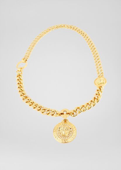 Medusa Medallion Necklace - gold Necklaces Gold-tone Chain Link Jewelry With Logo Charm, Metal Chain Link Necklace With Logo Charm, Luxury Chain Link Necklaces With Logo Charm, Luxury Pendant Chain Necklace With Logo Charm, Gold-tone Necklace With Logo Charm, Gold-tone Round Necklace With Logo Charm, Luxury Medallion Jewelry With Logo Charm, Versace Jewelry, Medallion Necklace