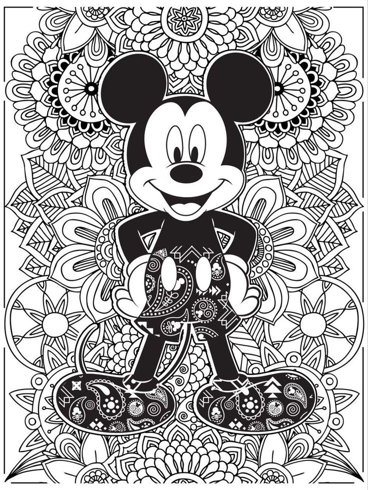 the mickey mouse coloring page is shown in this black and white image, with flowers surrounding it