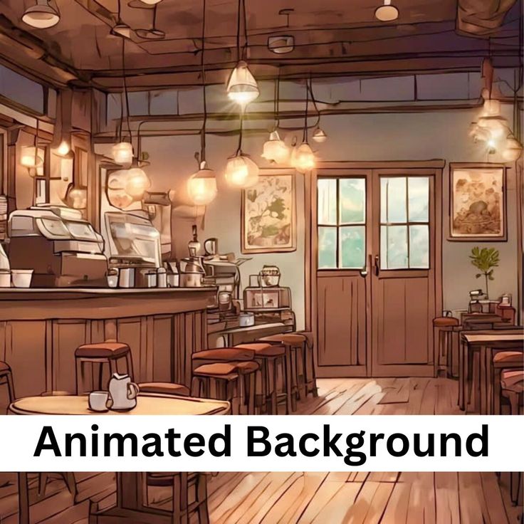 an animated background for a restaurant with wooden tables and chairs