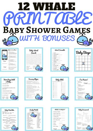 baby shower games for boys and girls with blue whale designs on them, including the text 12 whale printables