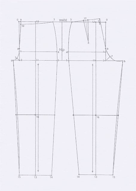 the front and back view of a women's pants pattern, with measurements for each side