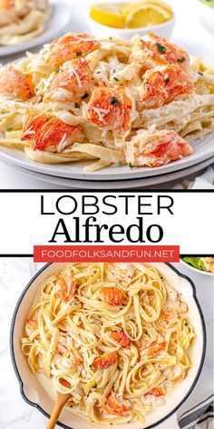 lobster alfredo on a plate with lemon wedges