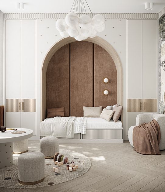 a bedroom with white walls and wood paneling on the wall, an arched doorway leading to a bed