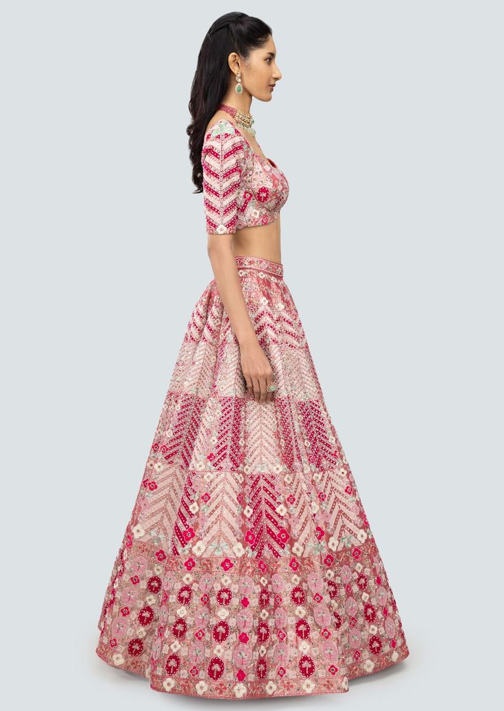 Cerise pink applique and embellished heavy kali mirror work tissue lehenga with broad lehenga border, blouse and broad border net dupatta. Pink Cutdana Sets For Navratri, Pink Traditional Wear With Cutdana For Reception, Pink Reception Dress With Cutdana Details, Pink Dress With Cutdana For Reception, Pink Chanderi Sets With Cutdana, Pink Anarkali Choli With Cutdana, Pink Cutdana Dupatta For Reception, Designer Pink Lehenga With Cutdana, Designer Pink Lehenga With Cutdana Detail