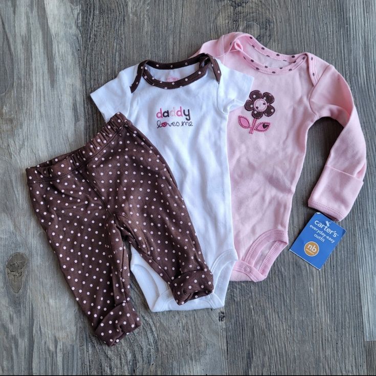 3 Piece Daddy Loves Me Set, Includes Chocolate And Pink Polka Dot Pants With Cuff At Ankle, A Short Sleeve Onesie With Embroidery And A Long Sleeve Onesie With Flower And Scratch Mittens! Playful Pink Cotton Pants, Cute Pink Cotton Pants, Fitted Cute Pink Pants, Cute Fitted Pink Pants, Cute Pink Fitted Pants, Cute Cotton Pants For Playwear, Pink Cotton Pants For Playtime, Cute Pink Bottoms For Playtime, Pink Cotton Playwear Pants