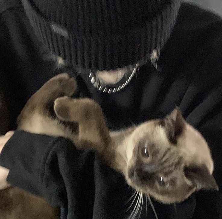 a man holding a cat in his arms while wearing a black sweater and chain around his neck