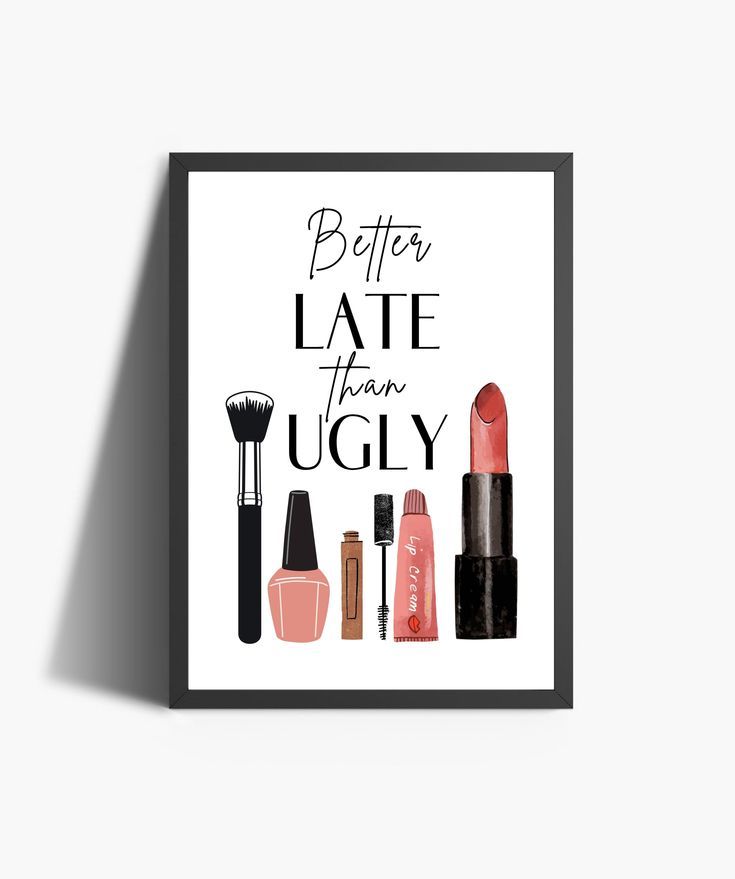 a black and white poster with lipstick, mascaras and other cosmetics items on it