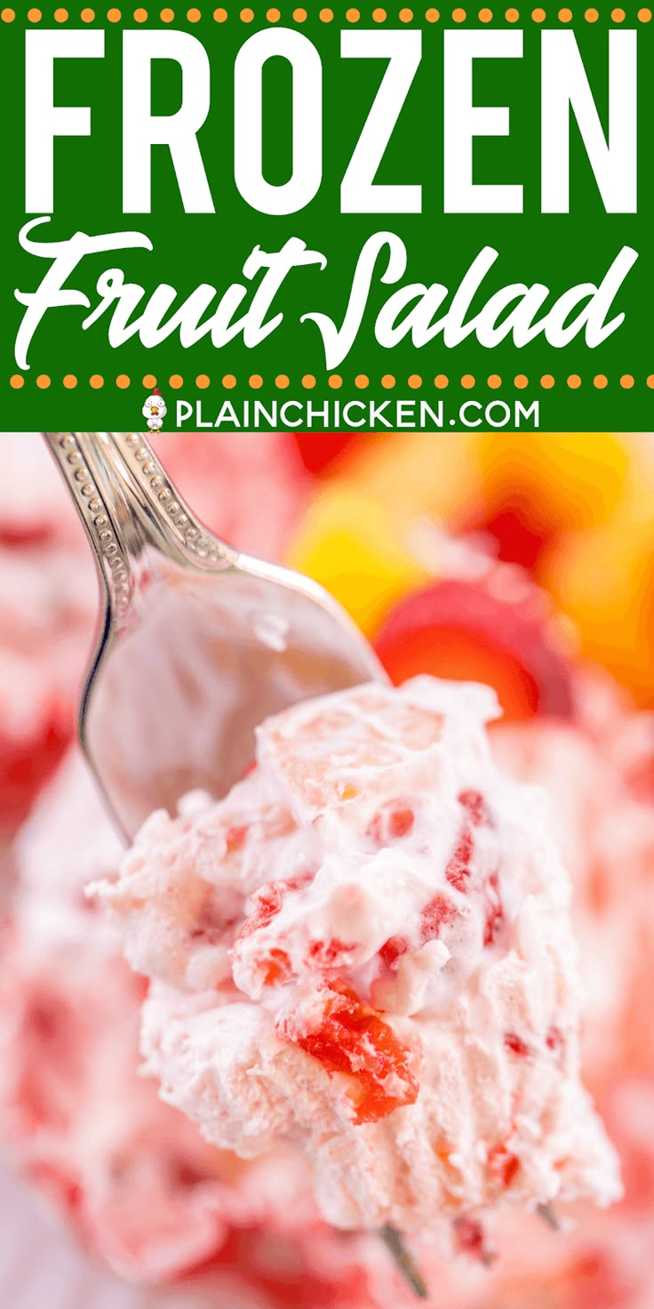 a scoop of frozen fruit salad on a fork with the title overlay reads, frozen fruit salad