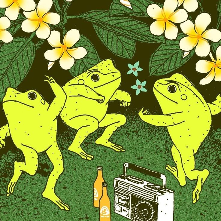 two frogs sitting on the ground next to an old radio and some beer bottles with flowers in the background