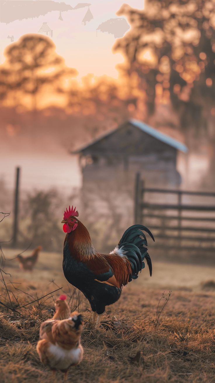 two chickens and a rooster are standing in the grass near a fence with a barn in the background