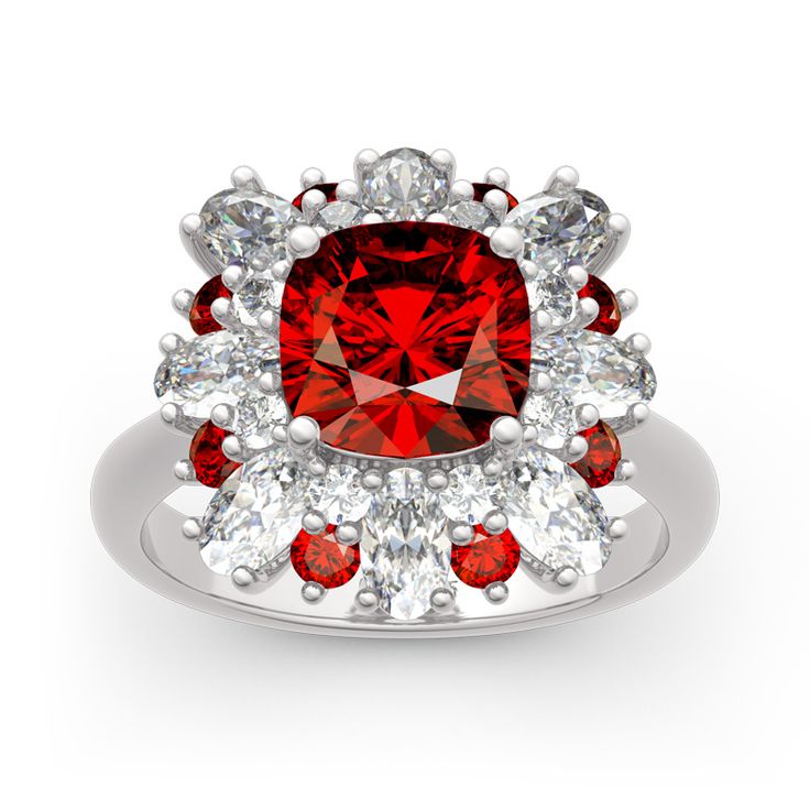 Displaying vivacious feminine flair, this striking fashion ring highlights all that makes her truly exceptional. Crafted in sterling silver, this pretty and unconventional look showcases an cushion cut center stone. Oval cut stones, white round stones and red round stones wrap the centerpiece in a sparkling embrace. Buffed to a brilliant luster, this fabulous conversation piece is sure to be admired often.Carat Weight: 3.7 ctStone Size: 8*8 mmStone Type: Jeulia® StoneNumber of Stones: 1 Stone Color: Garnet RedStone Shape: CushionCarat Weight: 0.62 ctStone Size: 2.3,2 mmStone Type: Jeulia® StoneNumber of Stones: 9 Stone Color: Garnet Red, Diamond WhiteStone Shape: RoundWeight: 6.48 gWidth: 16.4 mmHeight: 8.3 mmThickness: 2.8 mmMaterial: 925 SilverPlating Color: Silver Red Engagement Ring, Delicate Wedding Ring, Garnet Red, Floral Cushions, Floral Ring, Stone Wrapping, Silk Robe, Bling Rings, Red Garnet