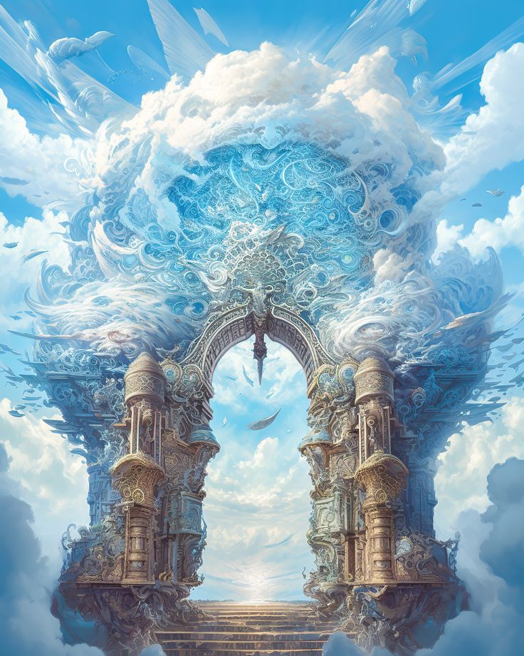 an artistic painting of two archways in the sky with clouds and birds flying around them