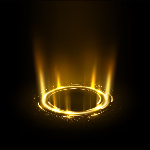 the light is shining down on the black background with gold sparkles and circles around it