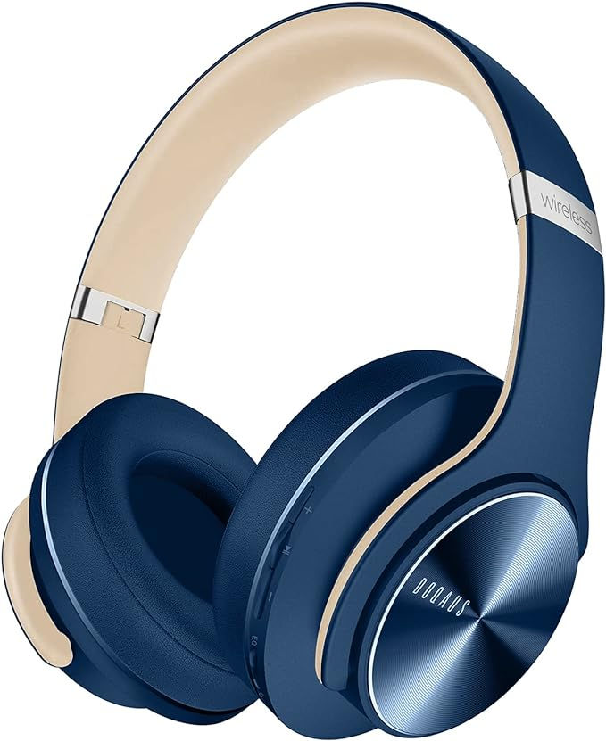 the samsung wireless headphones are blue and have gold trimmings on each ear