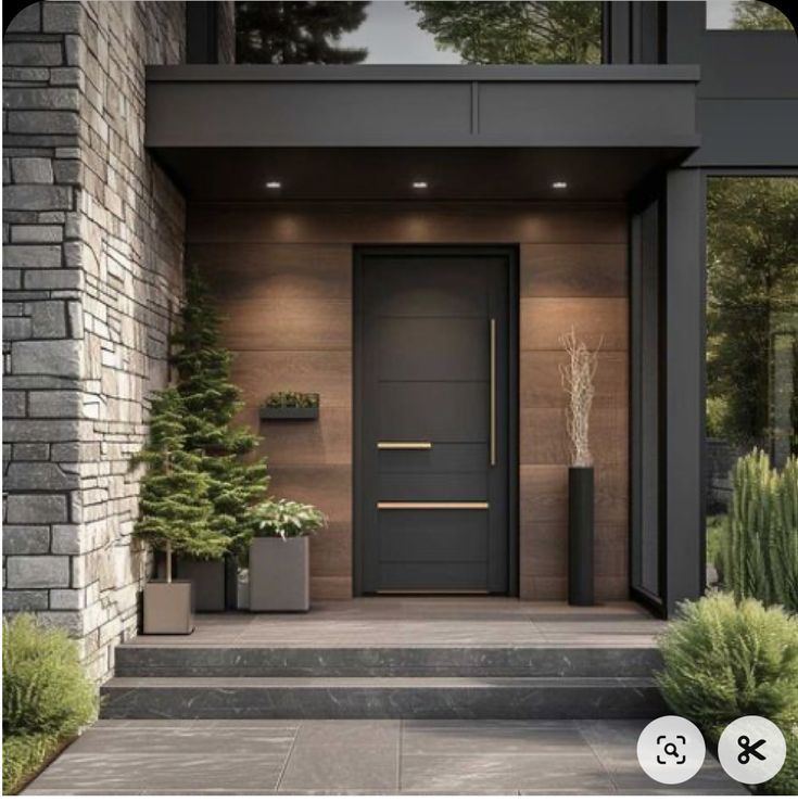 the front door of a modern house with plants and potted trees on either side