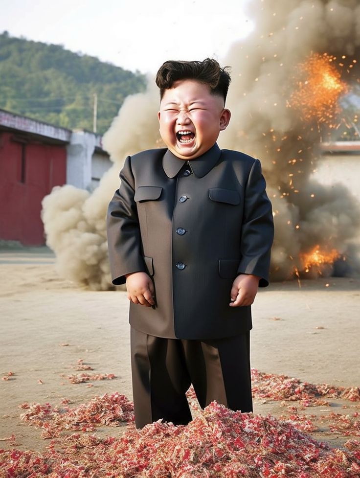 a young boy standing in the middle of a pile of debris with his mouth open