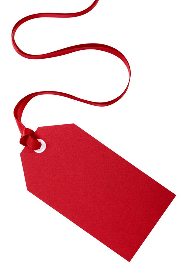 a red tag hanging from a red string on a white background with a ribbon around it