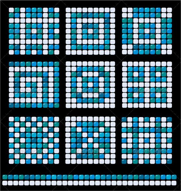 a set of mosaic ornaments patterns with blue and white squares on black background