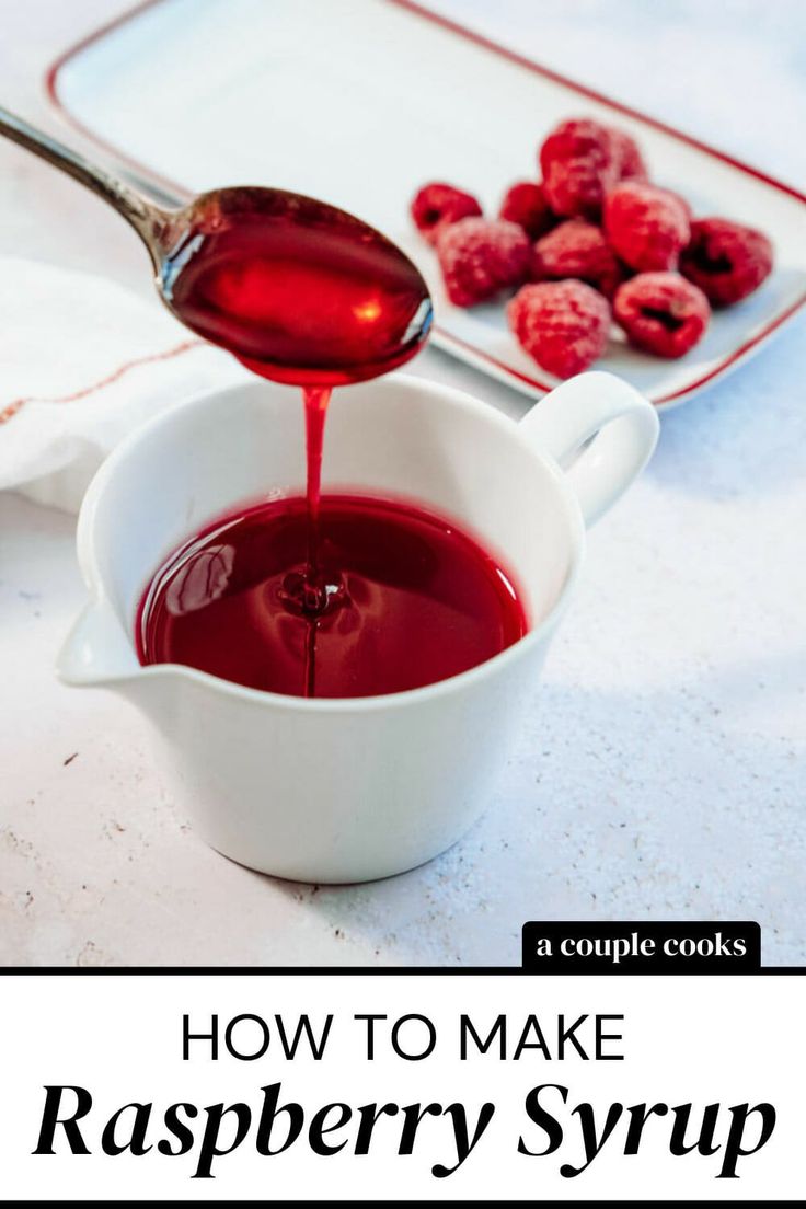 raspberry syrup being poured into a white bowl