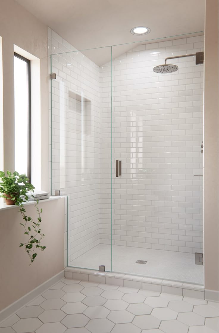 a white tiled bathroom with a glass shower door and window above the sink is a potted plant