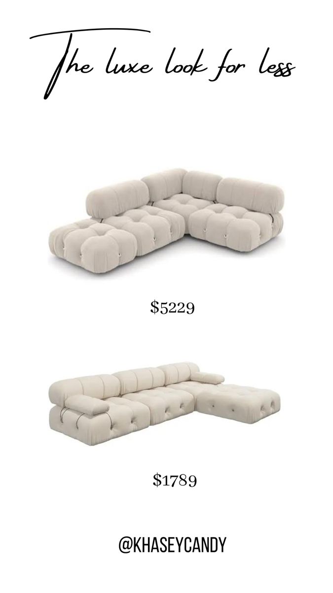 two different types of couches with price tags on the bottom and bottom, one for each