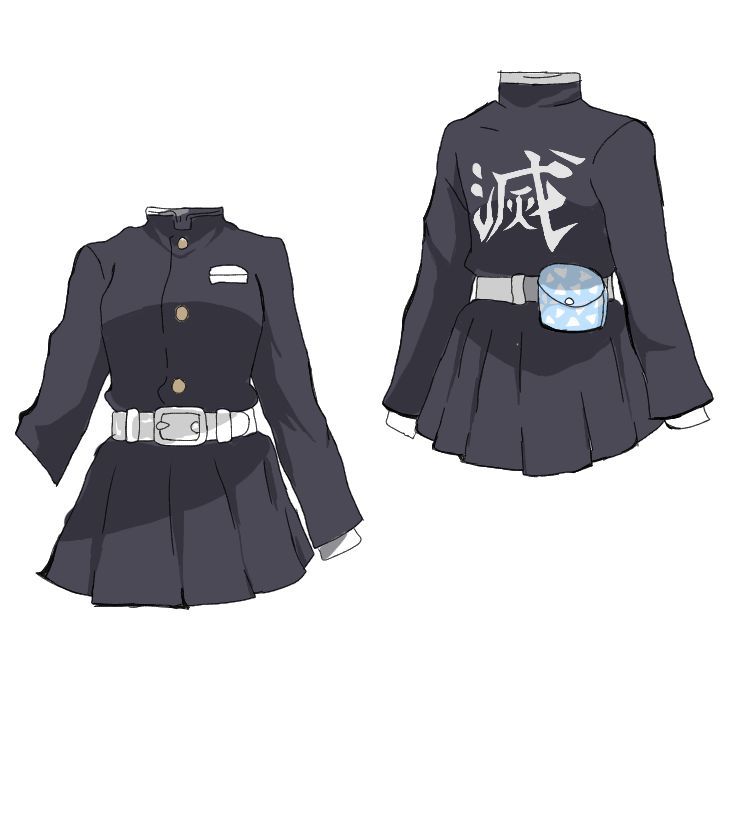 an anime uniform is shown in black and has white writing on the chest, while it's attached with a belt