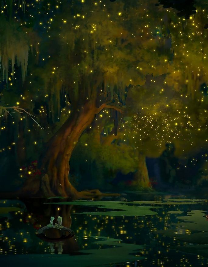 a painting of fireflies flying in the night sky over a lake with trees and water lilies