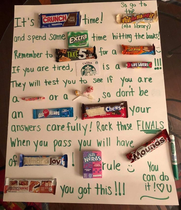 a white board with candy bars on it and some words written in the paper next to it