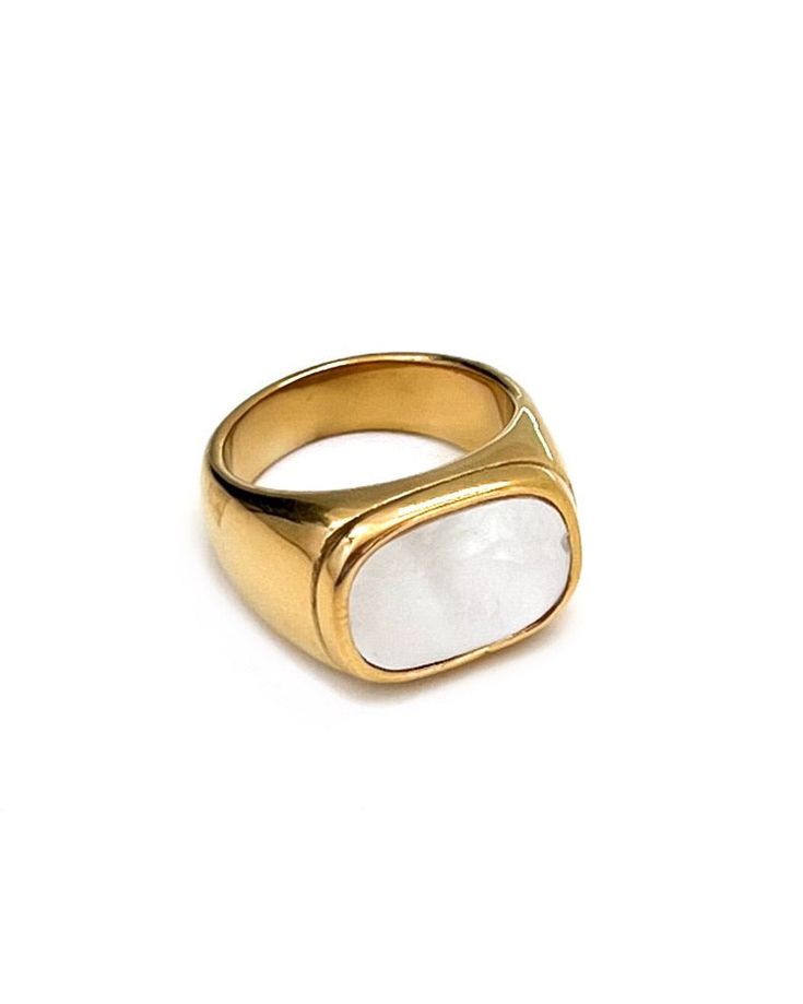 This beautiful 18k gold ring is sure to brighten any day with its stunning mother of pearl center. Its stackable design and waterproof and sweat-proof perfect for everyday wear make it a reliable and comfortable accessory. Waterproof Tarnish resistant 18K Gold Plated Stainless Steel Hypoallergenic White Open Signet Ring For Everyday Wear, Gold Mother Of Pearl Rings For Anniversary, Luxury White Rings For Everyday, Elegant Everyday White Opal Ring, Gold Mother Of Pearl Anniversary Rings, White Elegant Everyday Opal Ring, Classic Mother Of Pearl Rings As A Gift, Classic Mother Of Pearl Rings As Gift, Classic White Mother Of Pearl Rings