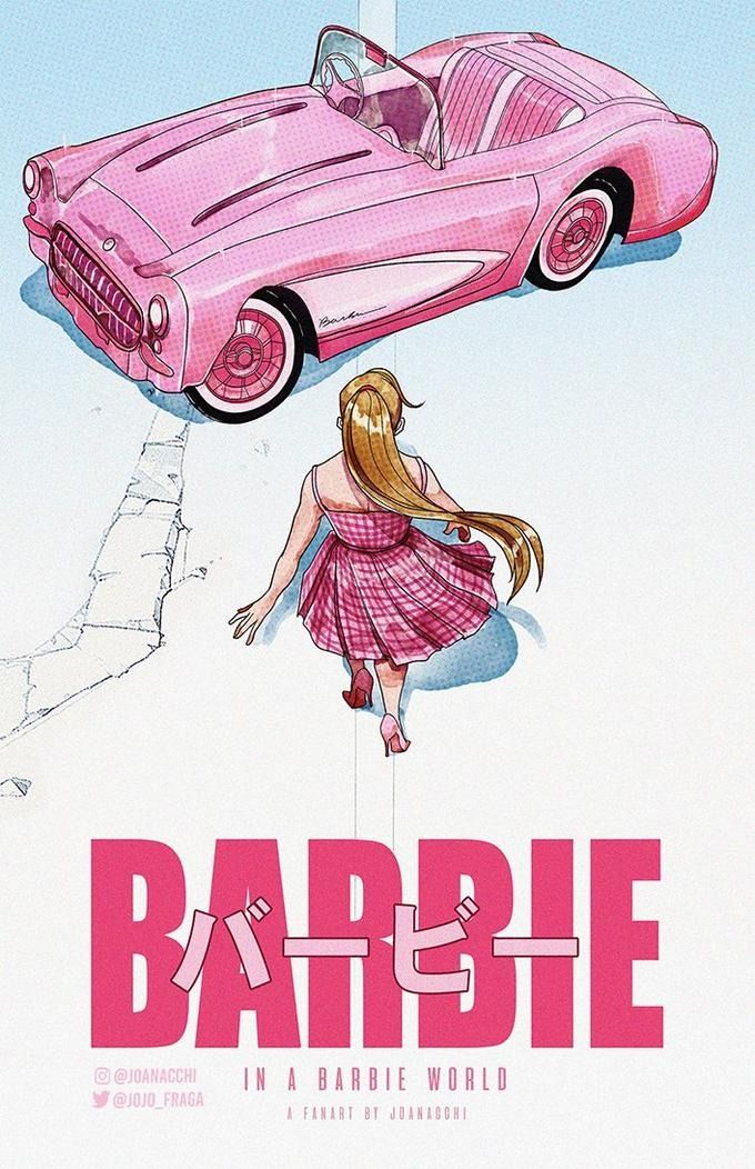 an advertisement for barbie's pink convertible car in front of a woman with long blonde hair