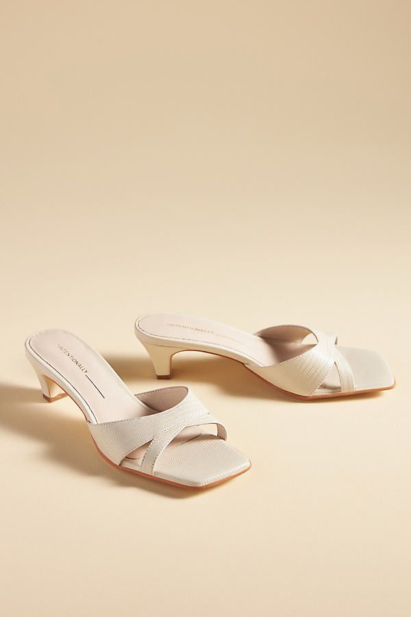 Leather upper, insole, sole Plastic kitten heel Slip-on styling Imported | Kitten Heels by Intentionally Blank in Beige, Women's, Size: 10, Leather/Plastic at Anthropologie Intentionally Blank, Heels Beige, Beige Heels, Thick Heels, 50 Fashion, Kitten Heel, Wide Straps, Shoe Shop, Resort Wear