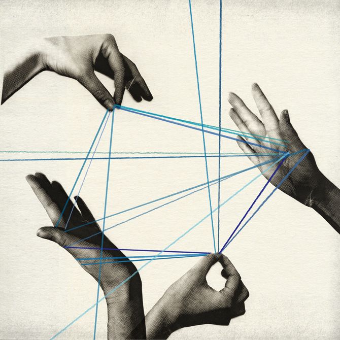 four hands reaching towards each other with lines in the middle