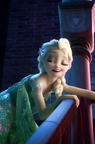 an image of a frozen princess with her eyes closed and hands on the railing, smiling