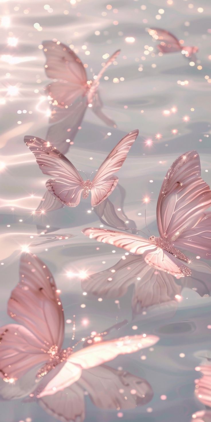 several pink butterflies floating in the water with sparkles all around them and on their wings