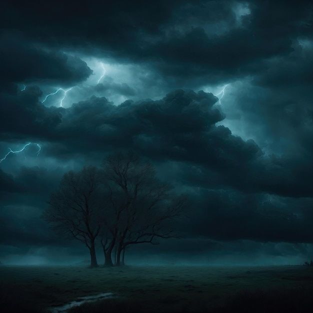 a tree in the middle of a field under a dark sky with lightning coming from behind it