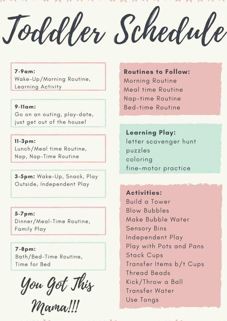 the flyer for toddler schedule is shown in pink, blue and green with words on it